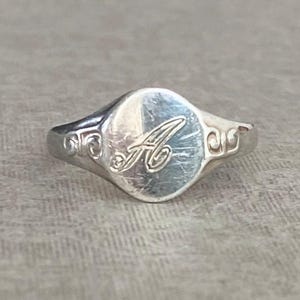 Vintage Petite Silver Signet Ring - 'A' Initial Script, c. 1970s