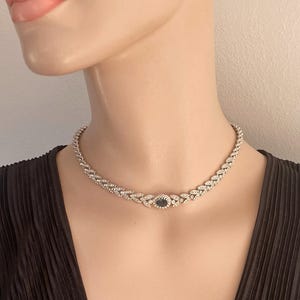 ATTWOOD & SAWYER Rhodium Plated Taunton Necklace - Sapphire Blue + Clear Swarovski Crystal - 80s Designer Jewellery