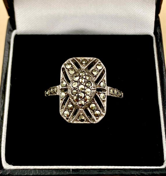 Vintage Marcasite Rectangular Face Ring - Solid S… - image 1