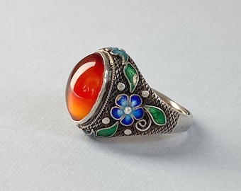 Art Deco Chinese Export Carnelian Ring - Cloisonne Enamel - Silver Filigree - UK Size M - USA 6 - EUR 52 - 6g Weight
