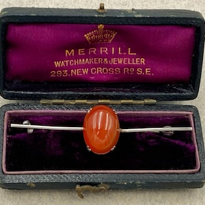 Art Deco Carnelian Bar Brooch - Solid Silver - 3.8g - 6cm Length