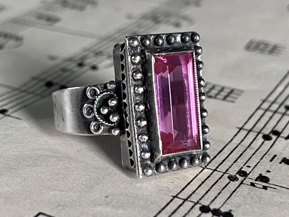 Russian 875 Silver Ring - Rectangular Pink Glass … - image 4