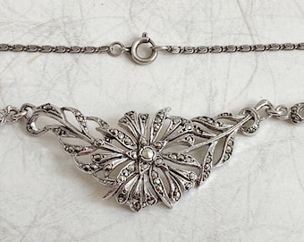Midcentury Solid Silver Marcasite Necklace - Wide Floral Links - Greek Key Chain - 16in Length