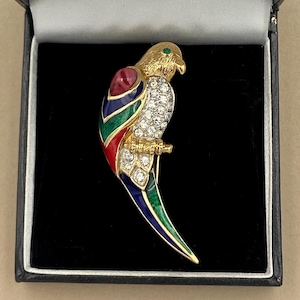 Vintage ATTWOOD & SAWYER Rainbow Bird Brooch - Swarovski Crystals and Cabochon - 22ct Gold Plated - 2in Length