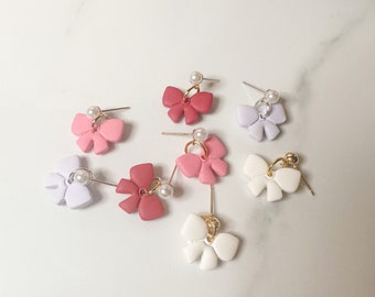 Handmade Bow Dangle Earrings, Pearl Accent, Hypoallergenic Steel