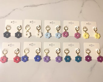 Flower Dangle Huggie Earrings, Hypoallergenic Stainless Steel