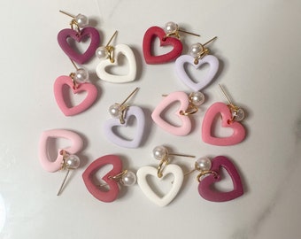 Handmade Heart Dangle Earrings with Pearl, Stainless Steel Posts