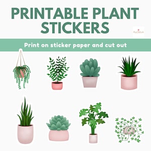 May include: Printable plant stickers featuring eight different types of plants in pink pots. The stickers are designed to be printed on sticker paper and cut out.