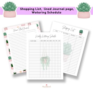 May include: Printable home plant journal pages with a pink and green color scheme. The pages include a shopping list, a weekly watering schedule, and a lined journal page for notes. The pages feature illustrations of potted plants.
