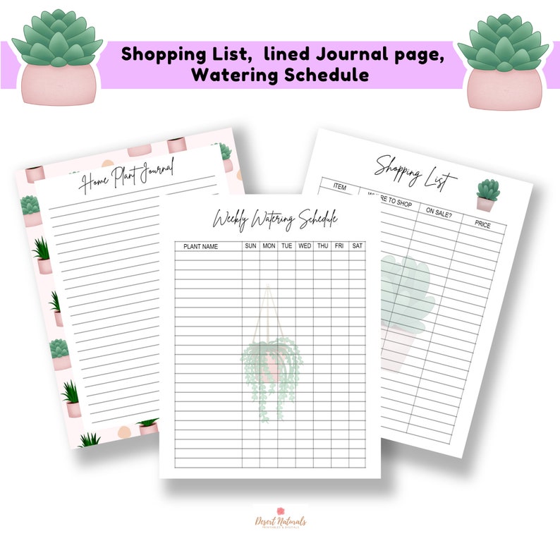 May include: Printable home plant journal pages with a pink and green color scheme. The pages include a shopping list, a weekly watering schedule, and a lined journal page for notes. The pages feature illustrations of potted plants.