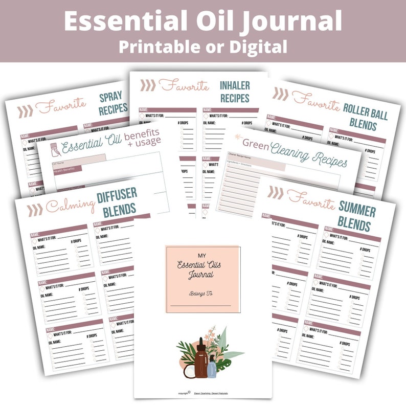 May include: A collection of printable or digital essential oil journals. The journals include pages for spray recipes, inhaler recipes, roller ball blends, diffuser blends, and summer blends. The cover is a light pink with the title "My Essential Oils Journal".