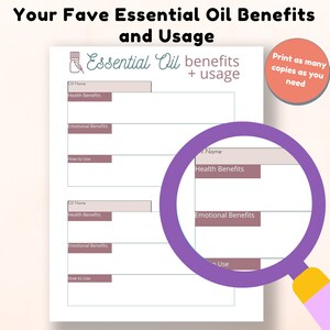 May include: A white sheet with the text "Your Fave Essential Oil Benefits and Usage" and "Essential Oil benefits + usage". The sheet has sections for oil name, health benefits, emotional benefits, and how to use. A purple magnifying glass is in the image.