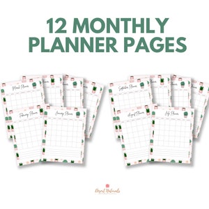 May include: Twelve printable monthly planner pages featuring a pink and green succulent pattern. The text "12 MONTHLY PLANNER PAGES" is at the top of the image.