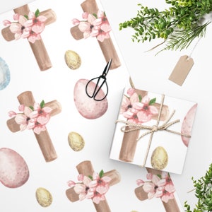 Easter Wrapping Paper roll with pink flowers, a cross, and easter eggs, Christian wrapping paper