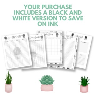 May include: Printable plant journal set with five pages: Home Plant Wishlist, Writing Schedule, May Planner, Plant Journal, and Plant Profile. Each page features a black and white design with a succulent pattern.