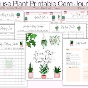 May include: Printable house plant care journal with a pink and green color scheme. The journal includes pages for a plant wishlist, shopping list, weekly watering schedule, weekly fertilizing schedule, a plant profile, and a repotting tracker. The journal also includes a bonus printable sticker sheet.