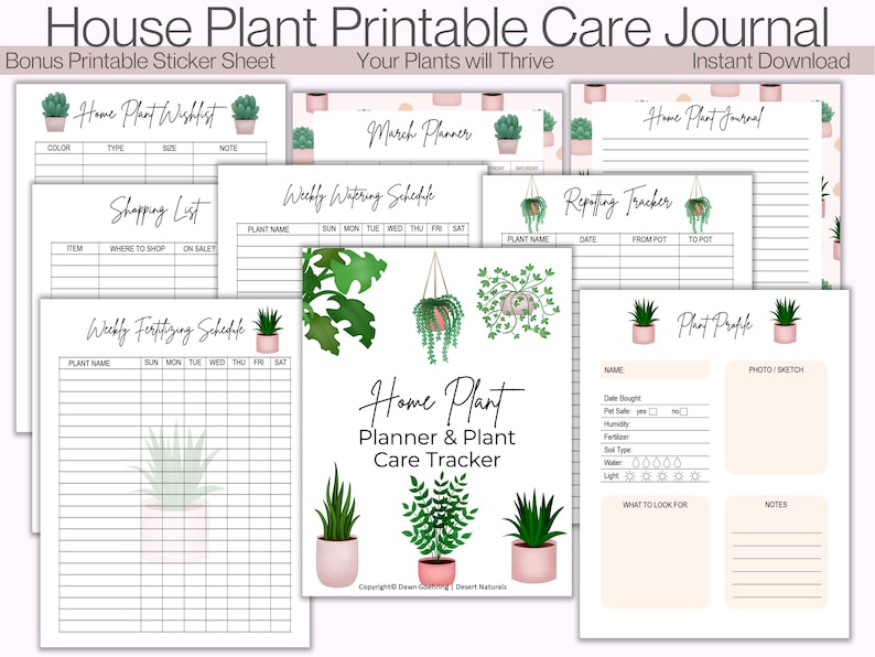 May include: Printable house plant care journal with a pink and green color scheme. The journal includes pages for a plant wishlist, shopping list, weekly watering schedule, weekly fertilizing schedule, a plant profile, and a repotting tracker. The journal also includes a bonus printable sticker sheet.