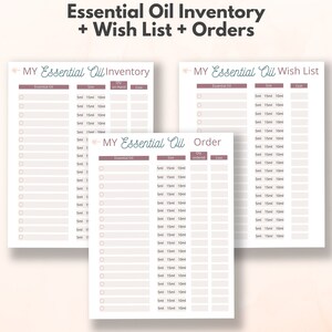 May include: Three printable essential oil inventory, wish list, and order sheets. The sheets have a soft pink and white color scheme with the text "MY Essential Oil Inventory", "MY Essential Oil Wish List", and "MY Essential Oil Order".