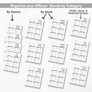 May include: A collection of printable diffuser blend recipe sheets. The sheets are organized by season, mood, and recipe type. Text includes "Organize your diffuser blends by Category", "Favorite Summer Blends", and "Inhaler Recipes".