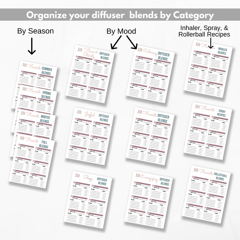 May include: A collection of printable diffuser blend recipe sheets. The sheets are organized by season, mood, and recipe type. Text includes "Organize your diffuser blends by Category", "Favorite Summer Blends", and "Inhaler Recipes".