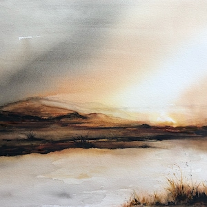 Fine Art Print of an Original Watercolour Mountainscape Painting - Sunset