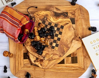 Chess Board made of Olive Wood - Rustic, Customized, Luxurious - For Chess Enthusiasts and Decorators(+ free wood conditioner)