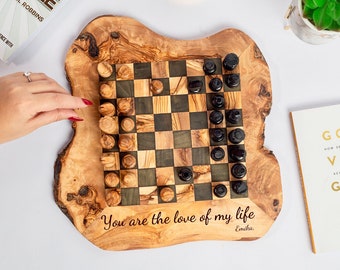 Customized Rustic Olive Wood Chess Board - Single Pieces and Rough Edges - Luxury Gifts(+ free wood conditioner)