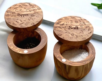 Set of 2 Engraved Olive Wood Salt and pepper Holders - Salt Curators - Spice Rack - Gift Idea for Him and Her (+ FREE Wood Conditioner)