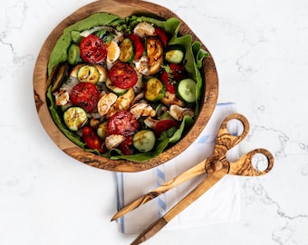 Olive Wood Salad Bowl with Natural Edges and Salad Scissors - Elegant Craftsmanship for Cooking and Serving (+ free wood conditioner)