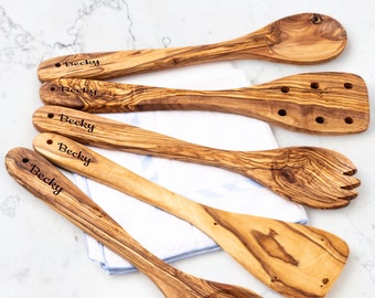 Set of 5 Handmade Olive Wood Kitchen Utensils - Unique Design and Personalized Engraving.