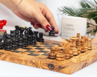 Customized Olive Wood Chess Board - Handcrafted Pieces, Custom Engraving, Unique Gift(+ free wood conditioner)