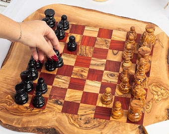 Exceptional Handmade Olive Wood Chess Board - Rustic and Luxurious with Red Tiles - Customizable Special Edition(+ free wood conditioner)