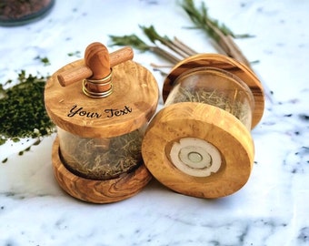 Set of 2 Personalized Handmade Olive Wood Herb Mills - Spice Mill - Herb Grinder - Gift for Foodies( +FREE Wood beeswax & Personalization)