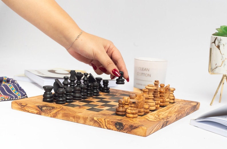 Customized Olive Wood Chess Board Handcrafted Pieces, Custom Engraving, Unique Gift free wood conditioner image 4