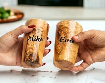 Set of 2 Personalized Olive Wood Mugs - Elegant Craftsmanship, Custom Engraving, Unique Gift(+ free wood conditioner)