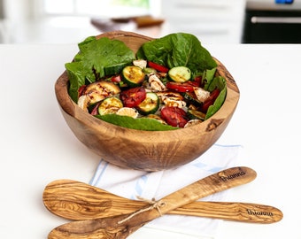 Olive Wood Salad Bowl with Natural Edges and Utensils - Customizable, Artistic Engraving, Perfect for Gifts(+ free wood conditioner)