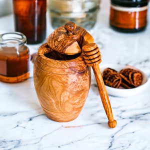 Rustic olive wood honey pot with dipper unique kitchen decor kitchen essentials free wood conditioner image 5