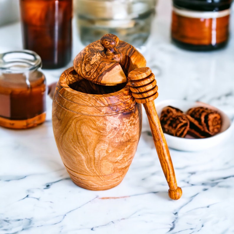 Dipper Unique Rustic Olive Wood Honey Pot With Dipper - Unique Kitchen Decor ...