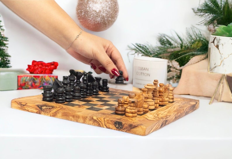 Customized Olive Wood Chess Board Handcrafted Pieces, Custom Engraving, Unique Gift free wood conditioner image 1