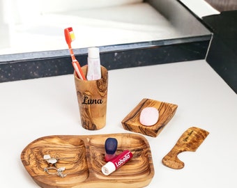 Complete Olive Wood Bathroom Accessories Set - Toothbrush Holder, Brush, Soap Dish, Jewelry Tray(+ free wood conditioner)