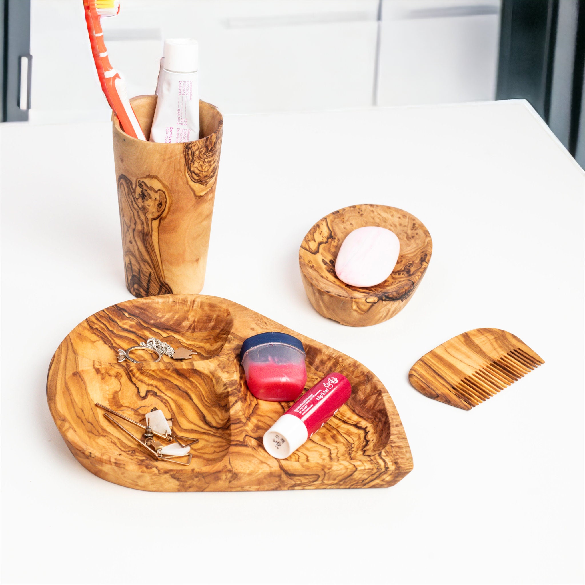 Complete Olive Wood Bathroom Accessories Set Toothbrush Holder, Brush