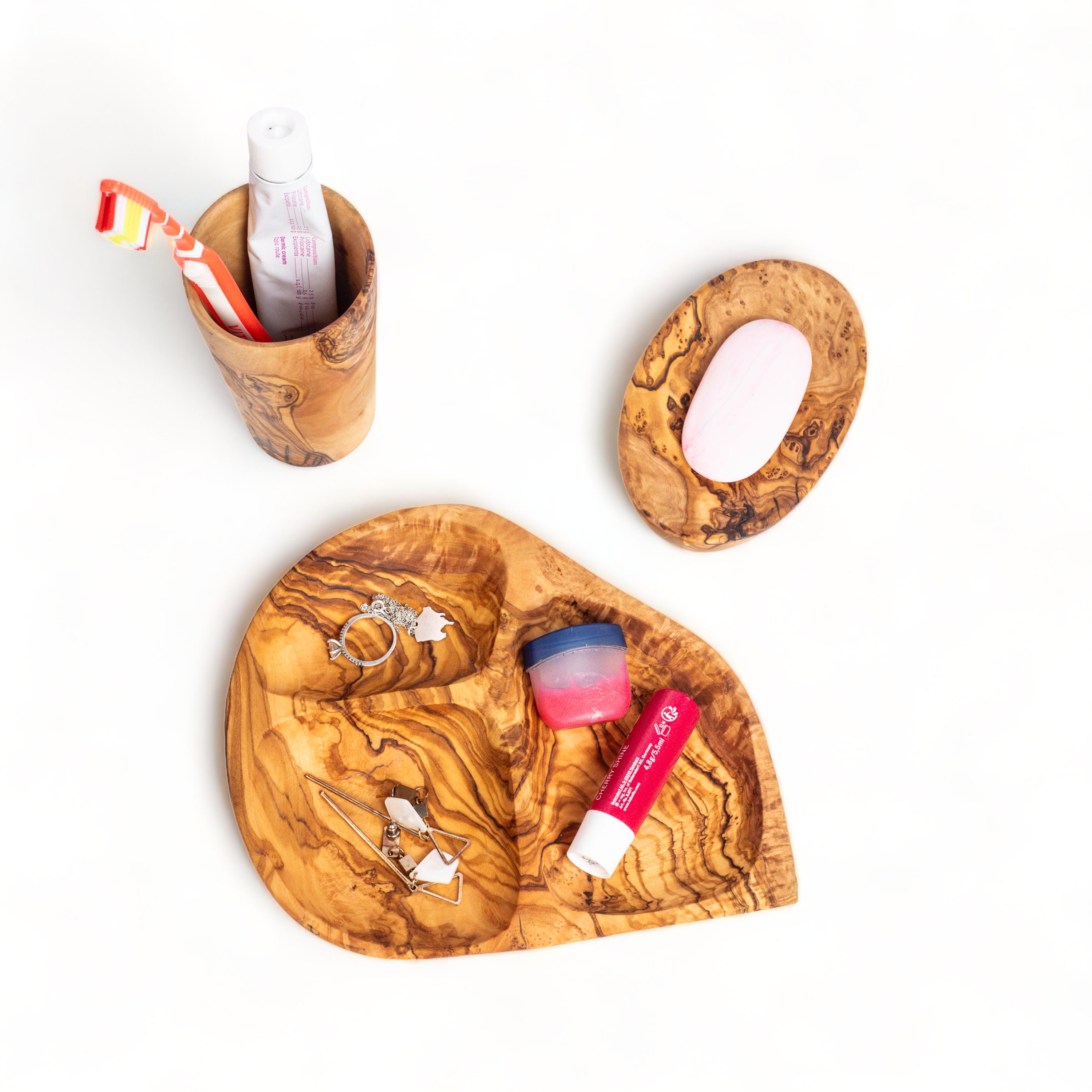 Complete Olive Wood Bathroom Accessories Set Toothbrush Holder, Brush