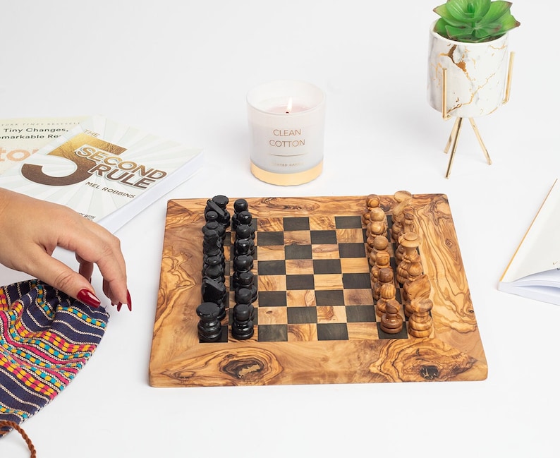 Customized Olive Wood Chess Board Handcrafted Pieces, Custom Engraving, Unique Gift free wood conditioner image 6