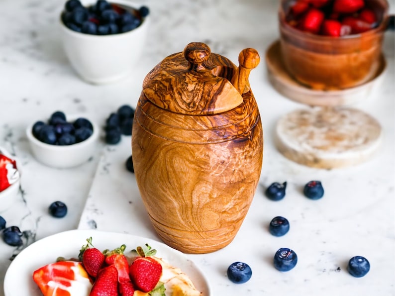 Rustic olive wood honey pot with dipper unique kitchen decor kitchen essentials free wood conditioner image 4