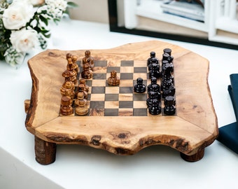 Handcrafted Olive Wood Chessboard - Rustic Elegance - Chess Gift Set - Unique Handmade Chess - Gift for Dad - Free Wood Conditioner Included