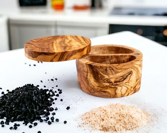 Handmade Olive Wood Salt Cellar with Lid | Two-Compartment Salt Box (+ Free Wood Conditioner)