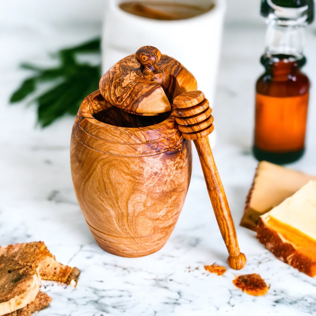 Dipper Unique Rustic Olive Wood Honey Pot With Dipper - Unique Kitchen Decor ...