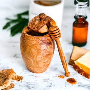 Rustic olive wood honey pot with dipper unique kitchen decor kitchen essentials free wood conditioner image 1