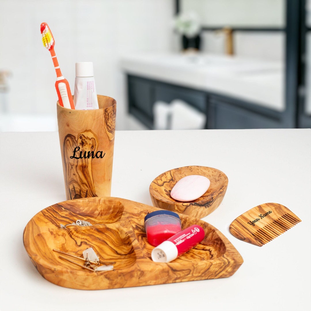 Complete Olive Wood Bathroom Accessories Set Toothbrush Holder, Brush