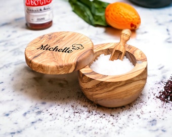 Engraved olive wood salt holder- salt curator - salt box - spice rack - gift idea - gifts for him - gifts for her(+ free wood conditioner)